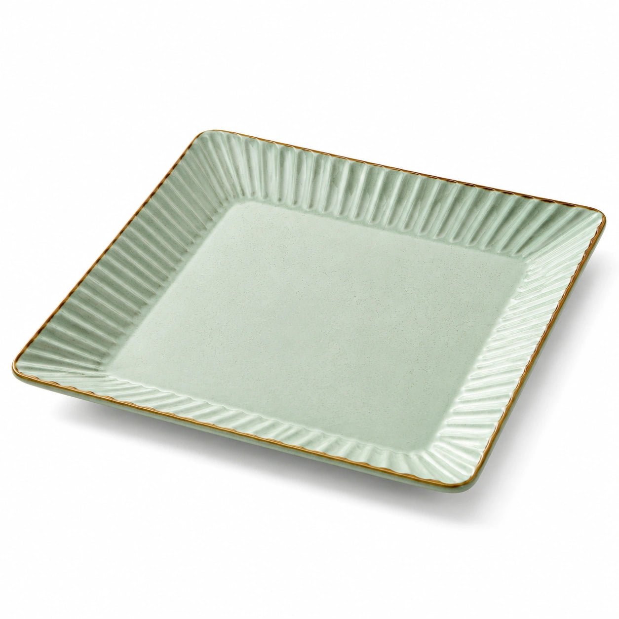 Assiette plate carrée 26×26 cm en céramique vert clair bord doré relief décoratif
