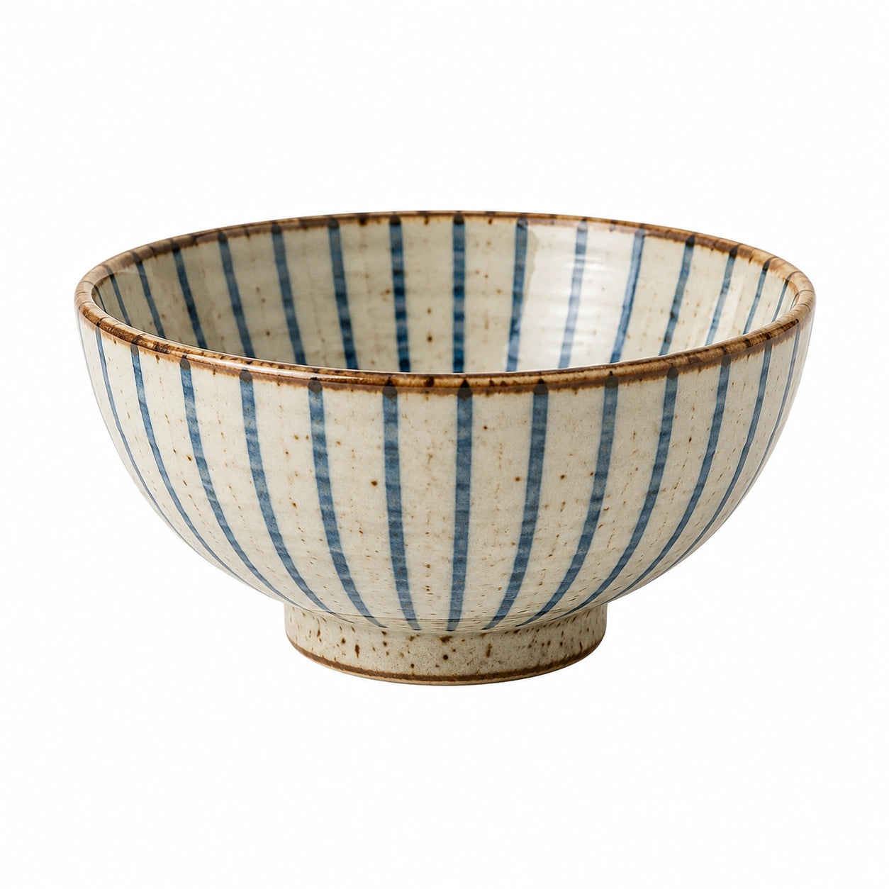 Bol 500 ml en céramique beige et bleu à rayures style artisanal
