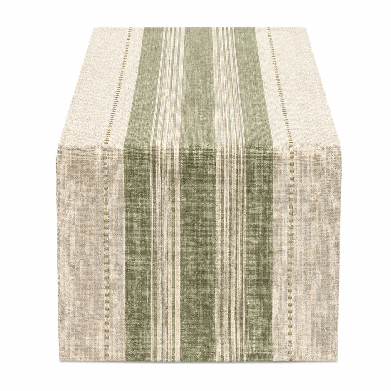 Chemin de table 180 x 40 cm en tissu vert sauge et beige à rayures tissées