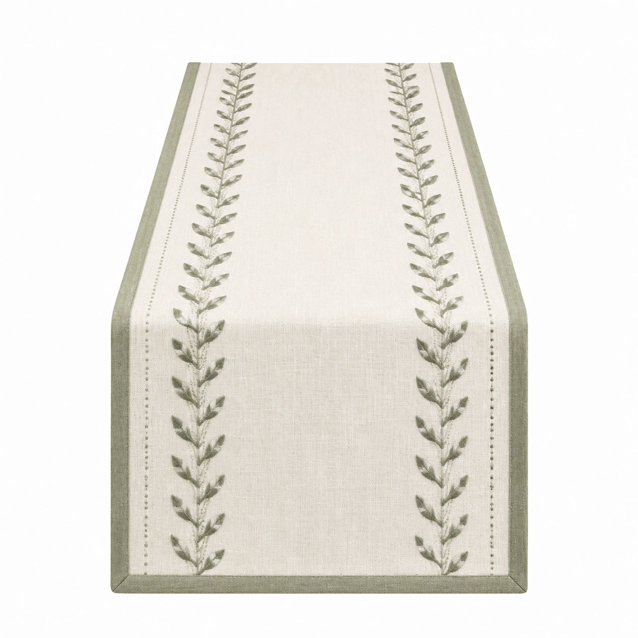 Chemin de table 40 x 180 cm en tissu beige vert motif feuillage style naturel