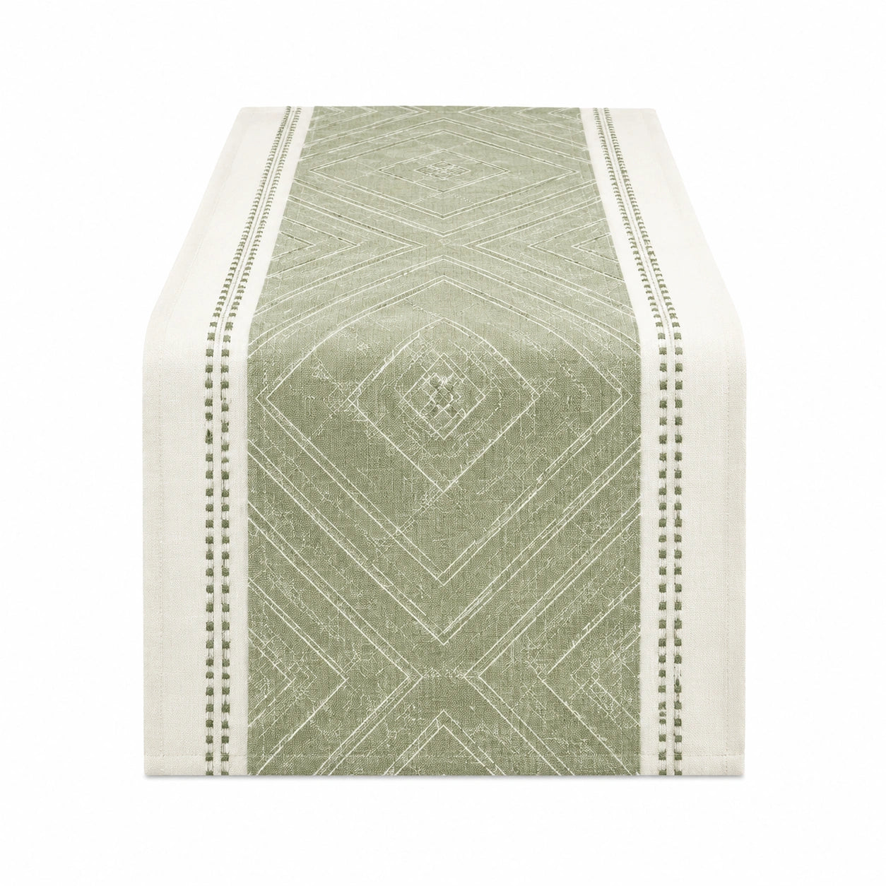 Chemin de table 180 x 33 cm en tissu tissé vert et écru à motif géométrique