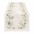 Chemin de table 180 x 40 cm en tissu écru vert motif botanique style naturel