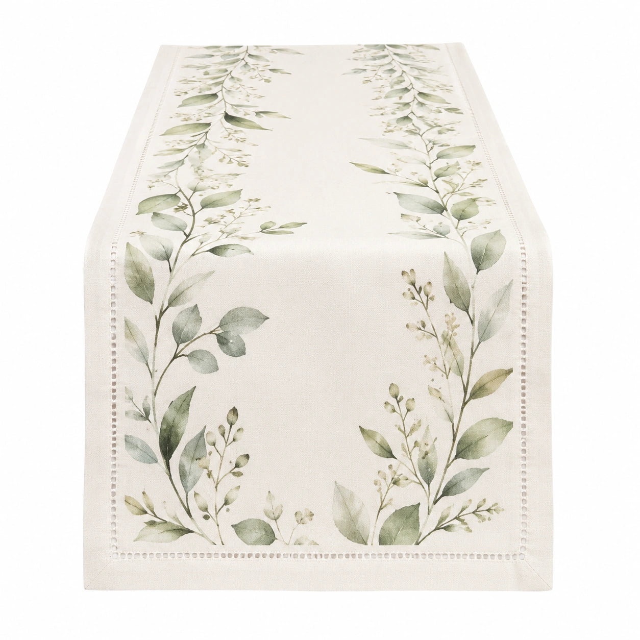 Chemin de table 180 x 40 cm en tissu écru vert motif botanique style naturel