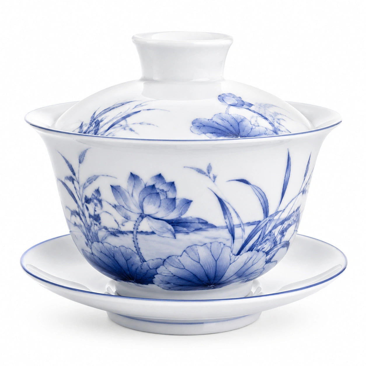 Gaiwan en porcelaine 180 ml blanc bleu à décor floral avec soucoupe