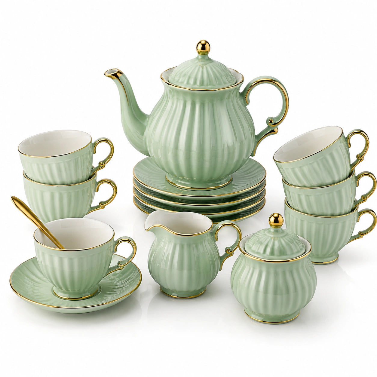 Service à thé 6 personnes en porcelaine vert céladon et doré style classique