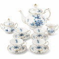 Service à thé 4 personnes en porcelaine blanc bleu à décor floral classique