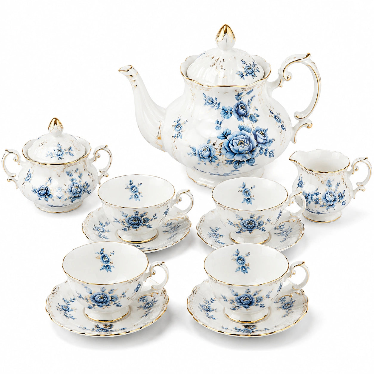 Service à thé 4 personnes en porcelaine blanc bleu à décor floral classique