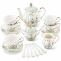 Service à thé 21 pièces en porcelaine blanc vert pâle et doré style floral pour 6 personnes