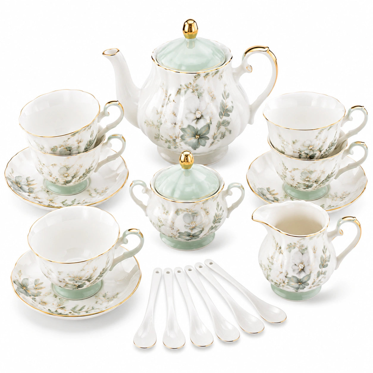 Service à thé 21 pièces en porcelaine blanc vert pâle et doré style floral pour 6 personnes