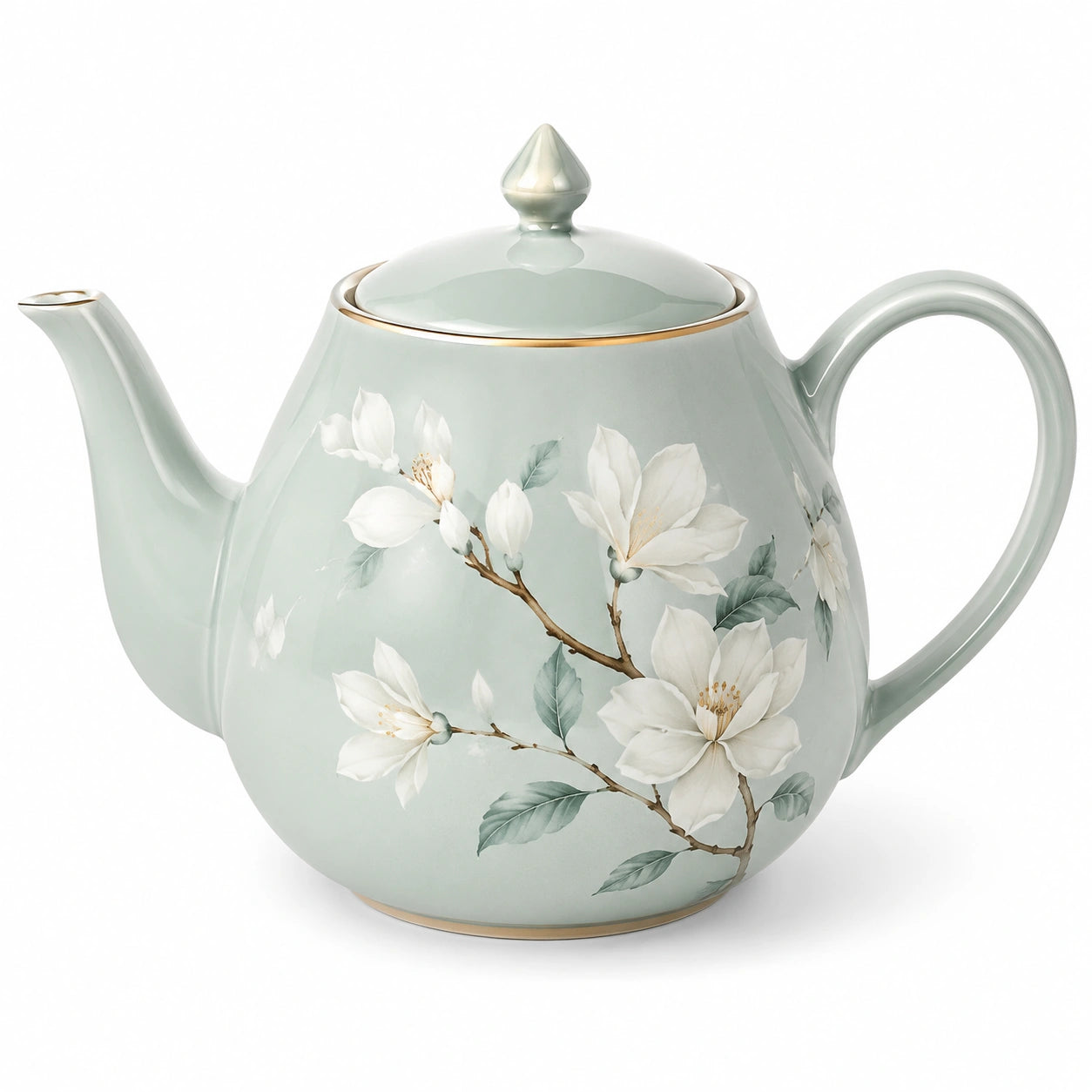 Théière 1200 ml en porcelaine vert pâle à motif floral avec couvercle